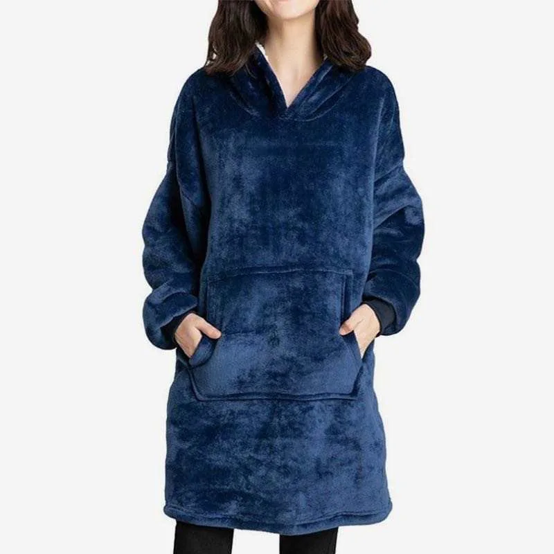 One Piece Hoodie Outdoor Warm Sweatshirt Blanket Microfiber Plush Fleece Sherpa Sleeves Super Soft Adult  Hoodie