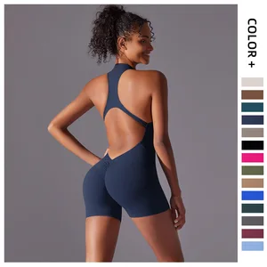 Sleeveless Half-zip Shorts Yoga Jumpsuit with Hollow-out Back; Close-fitting Pleated Hip-lifting Fitness Bodysuit for