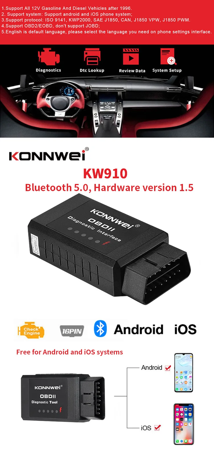 Mini Elm327 Bluetooth Wireless Scanner Obd2 Android Obd-ii Vpw, Pwm, Iso,  Kwp 2000, Can Protocolli V2.1 Versione