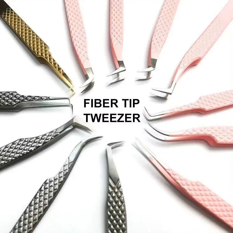 Print Logo Fiber Tip Eyelash Tweezers 45 75 90 Degree Nano Grip