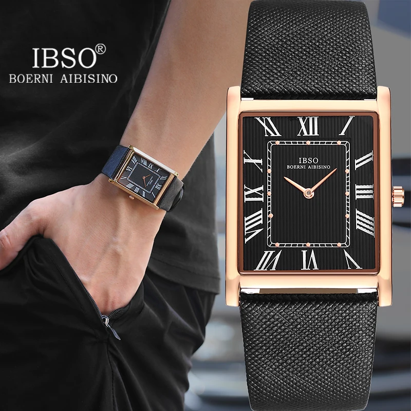 IBSO Men Rectangle Dial Quartz Watch Ultra-Thin Design Genuine Leather  Strap 3ATM Waterproof Business Style Seiko Y120 Movement