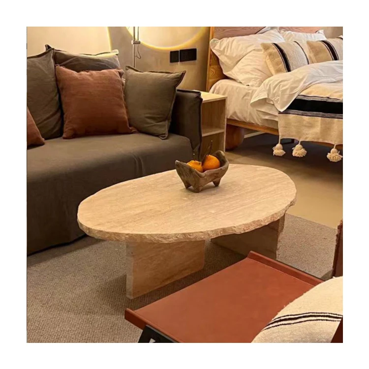 Free Shape Split Rock Edge Natural Marble Stone Round Oval Table Luxury Travertine Marble Coffee Tables