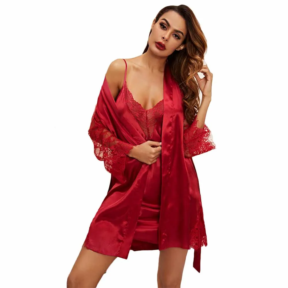 Satin Contrast Lace Cami Night Dress With Belted Robe