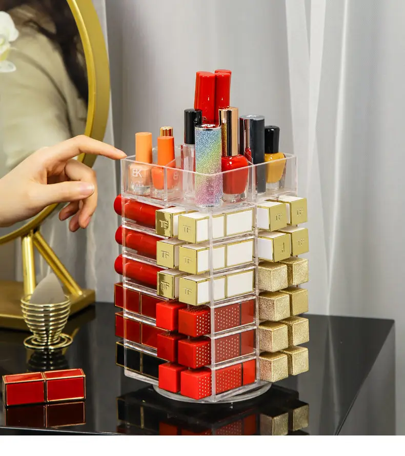 360 Degree Rotating Makeup Organizer 53 Spaces Acrylic Lipstick Holder Spinning Lipgloss Storage Tower Display Holder