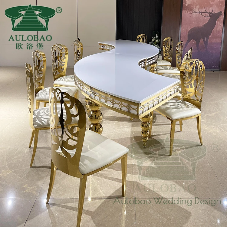 Современный простой дизайн мебели для мероприятий, обеденный стол из нержавеющей стали МДФ золотого цвета