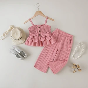 Fashion Girl Cotton Set Off-shoulder Top and Floral Belt 2-Pcs Summer Outdoor Casual Clothes for Kids