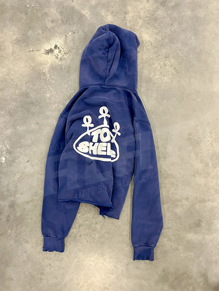 Custom Men Vintage Distressed Pullover Cropped Hooded Sweatshirts Cotton Screen Print Raw Hem Acid Wash Sun Fading Hoodie Unisex gallery 5