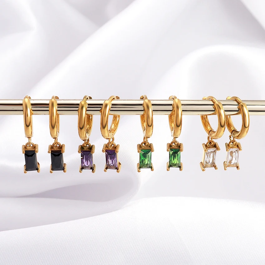 Vintage Style Earrings Hoop Bezel Jewelry Emerald Baguette Hoop Earrings Small Green Stone Crystal Gold Earring for Women