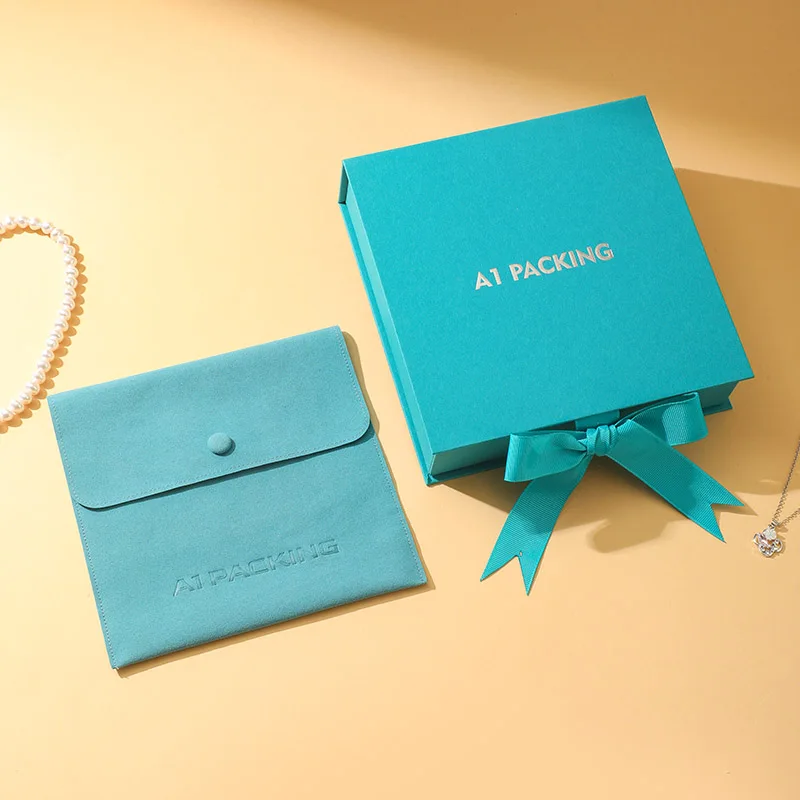A1 Simple Luxury Square Jewelry Gift Box Set with Magnetic Snap Closure Blue Microfiber Bag for Popular Necklace Storage manufacture