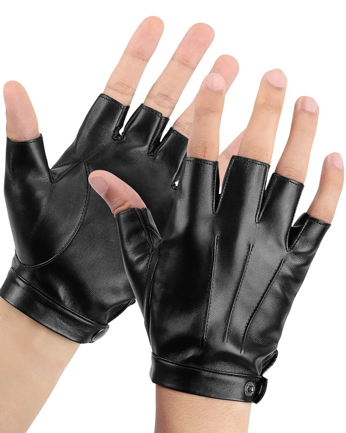 Fingerless Gloves For Women & Men - PU Faux Leather Driving Gloves, Touchscreen, Adjustable Snap