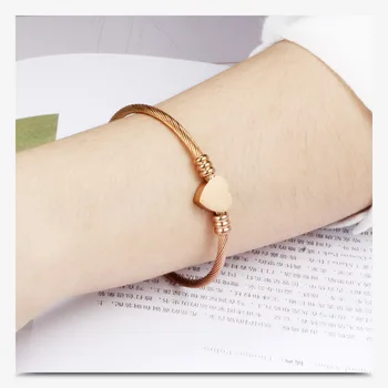 Fashion women's bracelet tricolor stainless steel wire braided bangle titanium rose gold heart shaped jewelry women