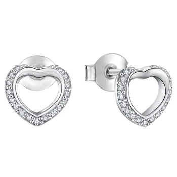 OEM Women Dainty Luxury White Zirconia Rhodium Plated Stud Earrings Romantic 925 Custom Wholesale Heart Earrings Sterling Silver