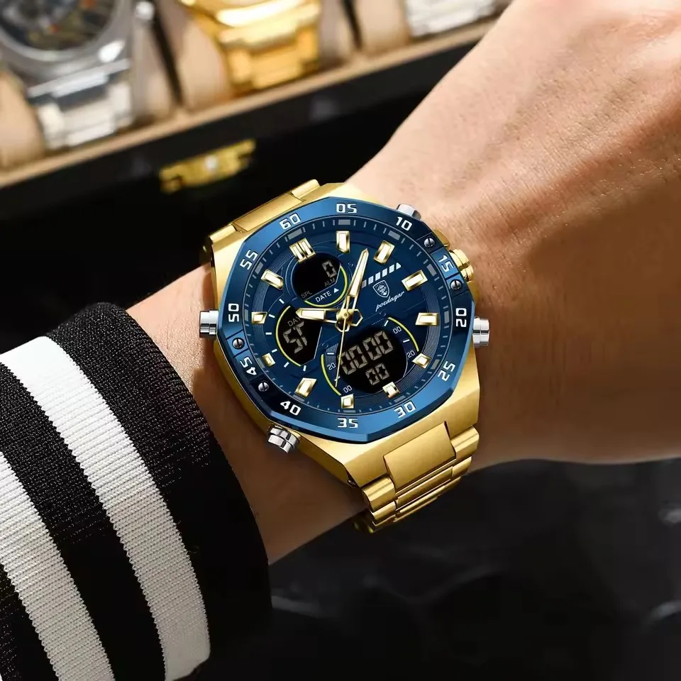 POEDAGAR E101 correa de Acero Inoxidable marca de doble pantalla relojes de  moda para hombres reloj Digital de cuarzo de lujo multifuncional para