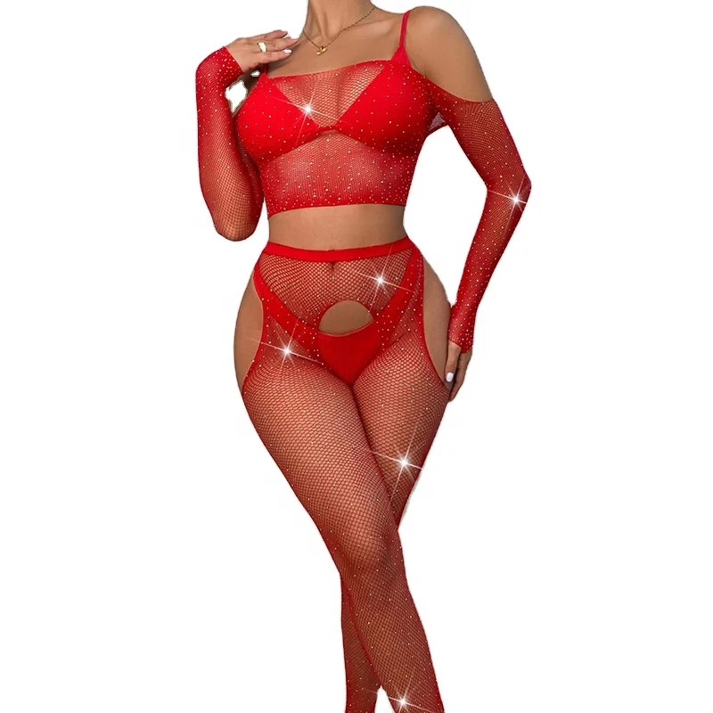 Strappy Rhinestone Open Crotch Thong Teddy main image 1