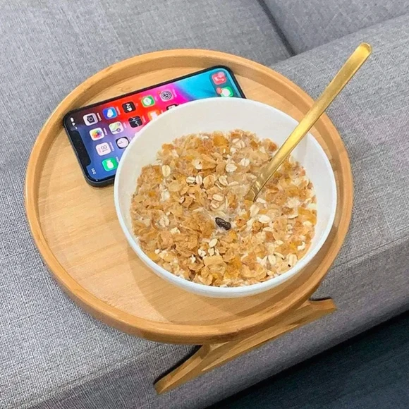Round Bamboo Storage Rack Armrest Clip Side Table with Wooden Tray for Beverages Telephone Desserts Teahouses