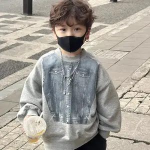 Custom Autumn Boys Cartoon/Abstract Pattern Patchwork Denim Sweatshirt Crewneck Loose Long Sleeve Children Tops Clothes for Kids