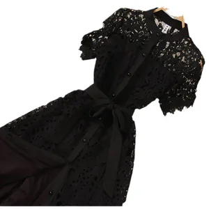 Customized Retro Hollow Water-soluble Stand-up Collar Short-sleeved Lace Dress Corset Mid-length Dress