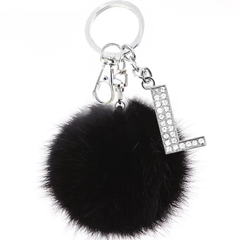 Fluffy Black Pompom Faux Rabbit Fur Ball Keychain Crystal Letters Key Rings Key