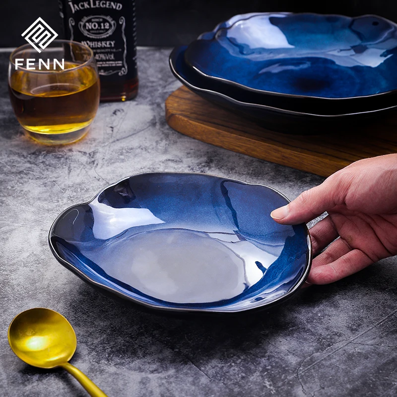 product fenn luxury ceramic tableware modern hotel dish plate blue glazed porcelain catering dinner soup plate set dish  plate-65