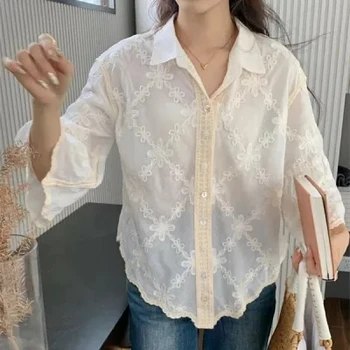 2024 new spring/summer shirt collar heavy embroidery loose single breasted chiffon plant flower shirt