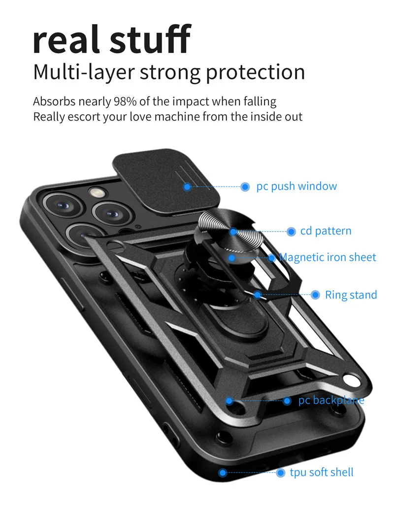 Armor Style Camera Slide Window Phone Case for iPhone 11 12 13 14 15 16 ...