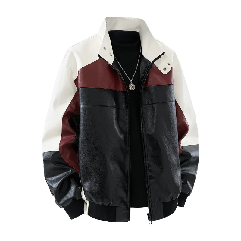 Retro color-blocked PU leather jacket, biker style, zip-up windproof casual coat