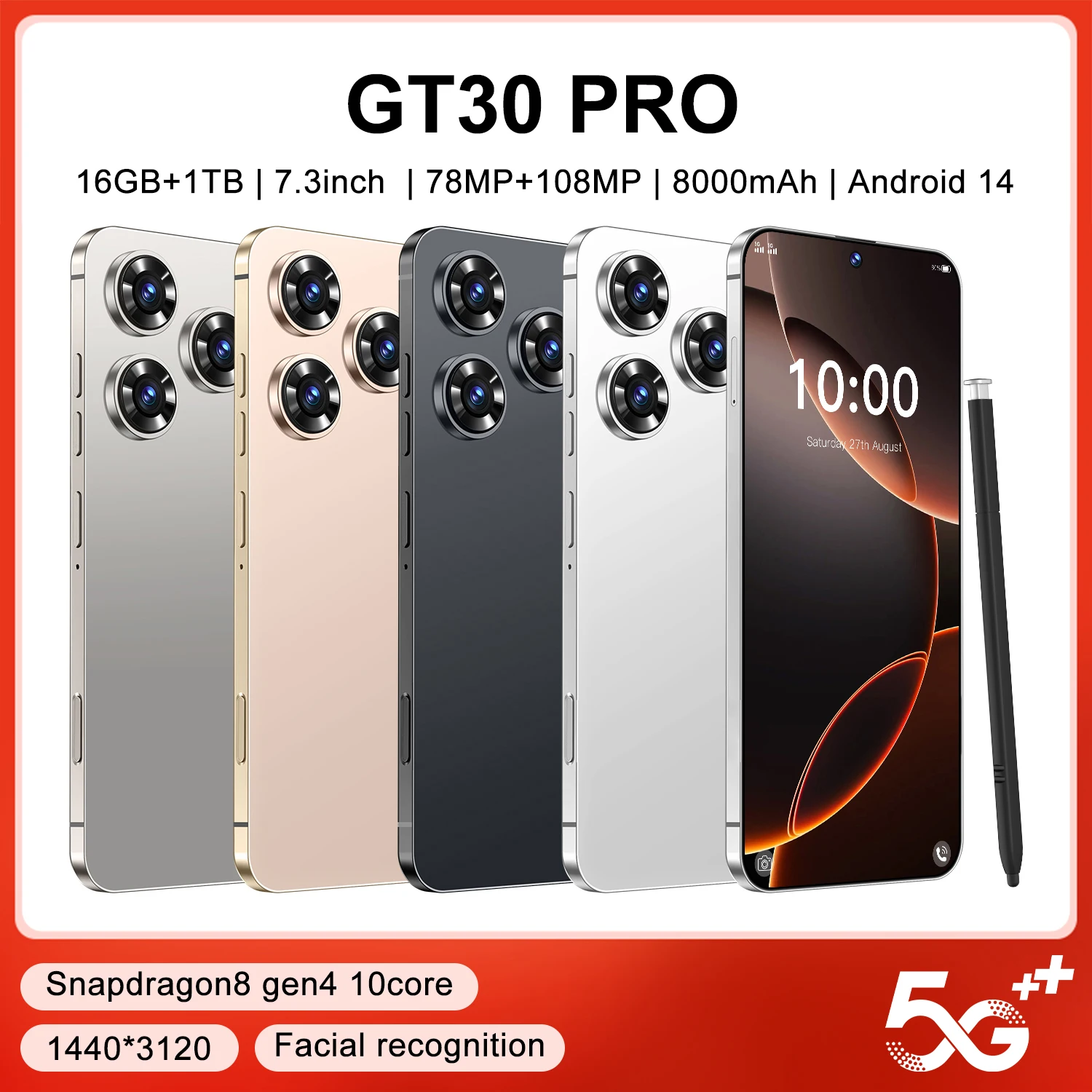 Wholesale GT30 PRO 5G Android 14 Phone, 16GB+1TB, 108MP Camera