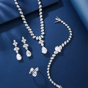 Perfect Gift Set Women Elegant Zircon Adorned Brass Copper Alloy Rhodium Plated Classic Style Wedding Engagement