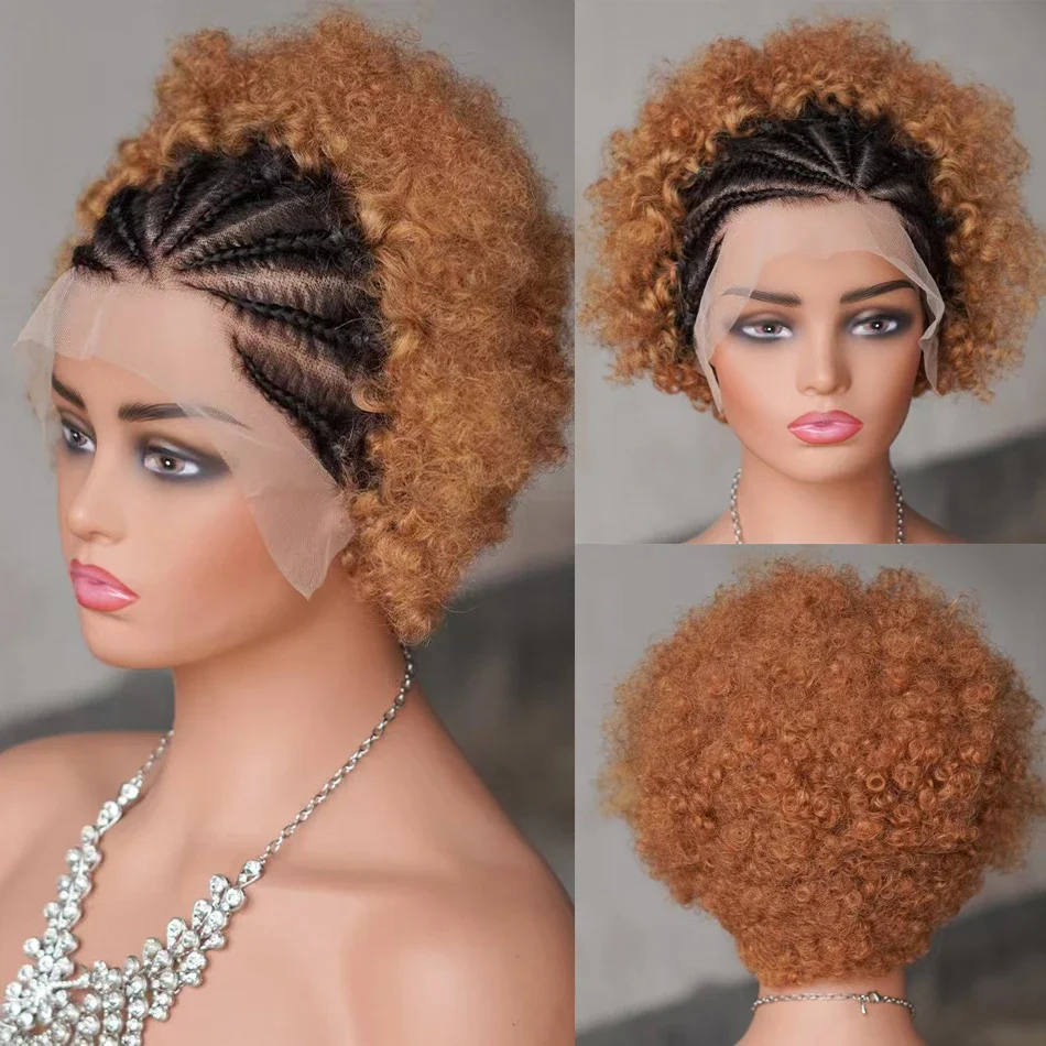 13x4 Lace Frontal Afro Krøllet Paryk 100% Brasiliansk Remy Hår 6 Ombre Highlights Bouncy Krøllet Paryk Ægte Hår Parykker med Fletninger_voghion.com