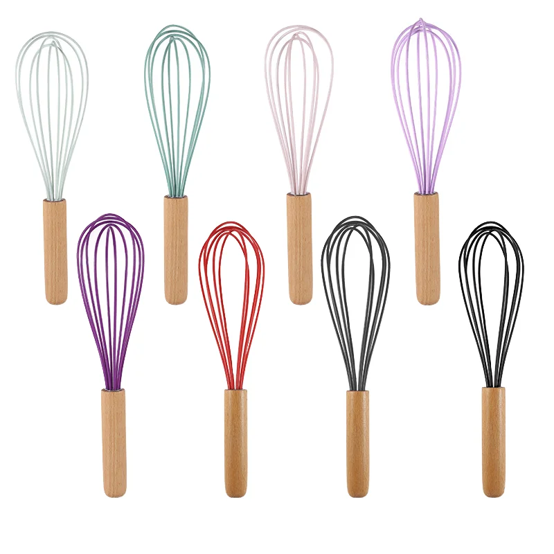 Frullini per uova in silicone ecologici con manico in legno, frusta manuale per uova da cucina, strumento per montare il latte e mescolare