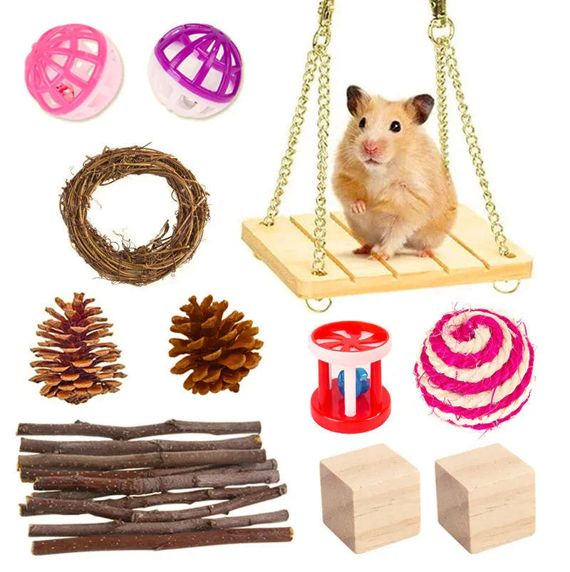 OVERTANG Hamster Toys Rabbit Chew Toys 8 Pack Wooden Hamster Toy Set Natural Apple Wood Small Animal Chew Molar Toys for Teeth for Rabbit Chinchilla Rat Exercise Accessories Guinea Pig 