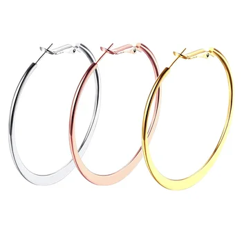 High Quality Gold Plated Stainless Steel Flattened Simple Big Hoop Earrings for Women Fashion Jewelery Wholesale