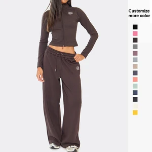 Women's Cotton 2-Piece Set for Winter Sports Warm Jogger Sportswear Long Sleeve Embroidered Zip up Jacket Tracksuit
