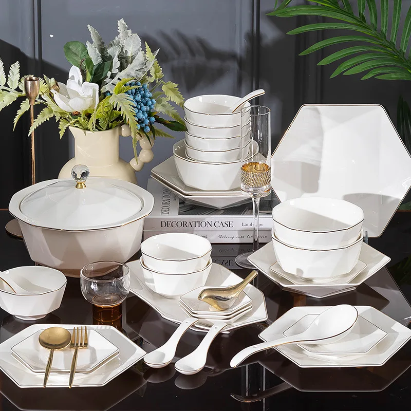 Chinese Factory Price Dish Set Custom Hexagonal White Food Plates Dinnerware Tableware with Gift Box