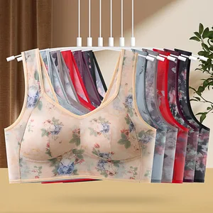 Large Thin Lightweight Women's Floral Printed Bra Comfortable Wire-Free Vest Style Lace Knitted 3/4 Cup Breathable Middle-Aged