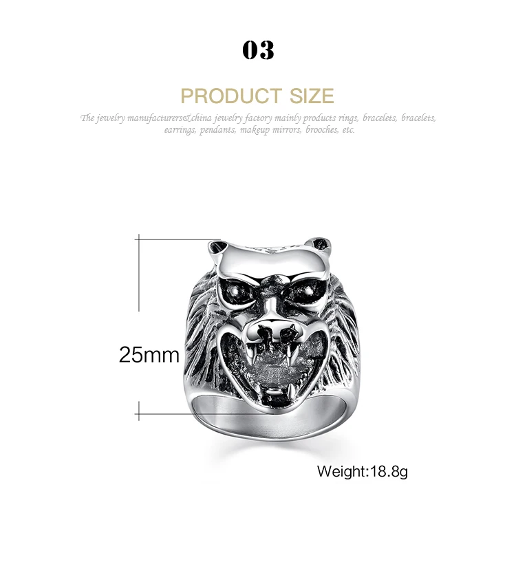 Wholesale High Quality Silver 25mm Titanium Steel Wolf Head Men's Ring RC-001
