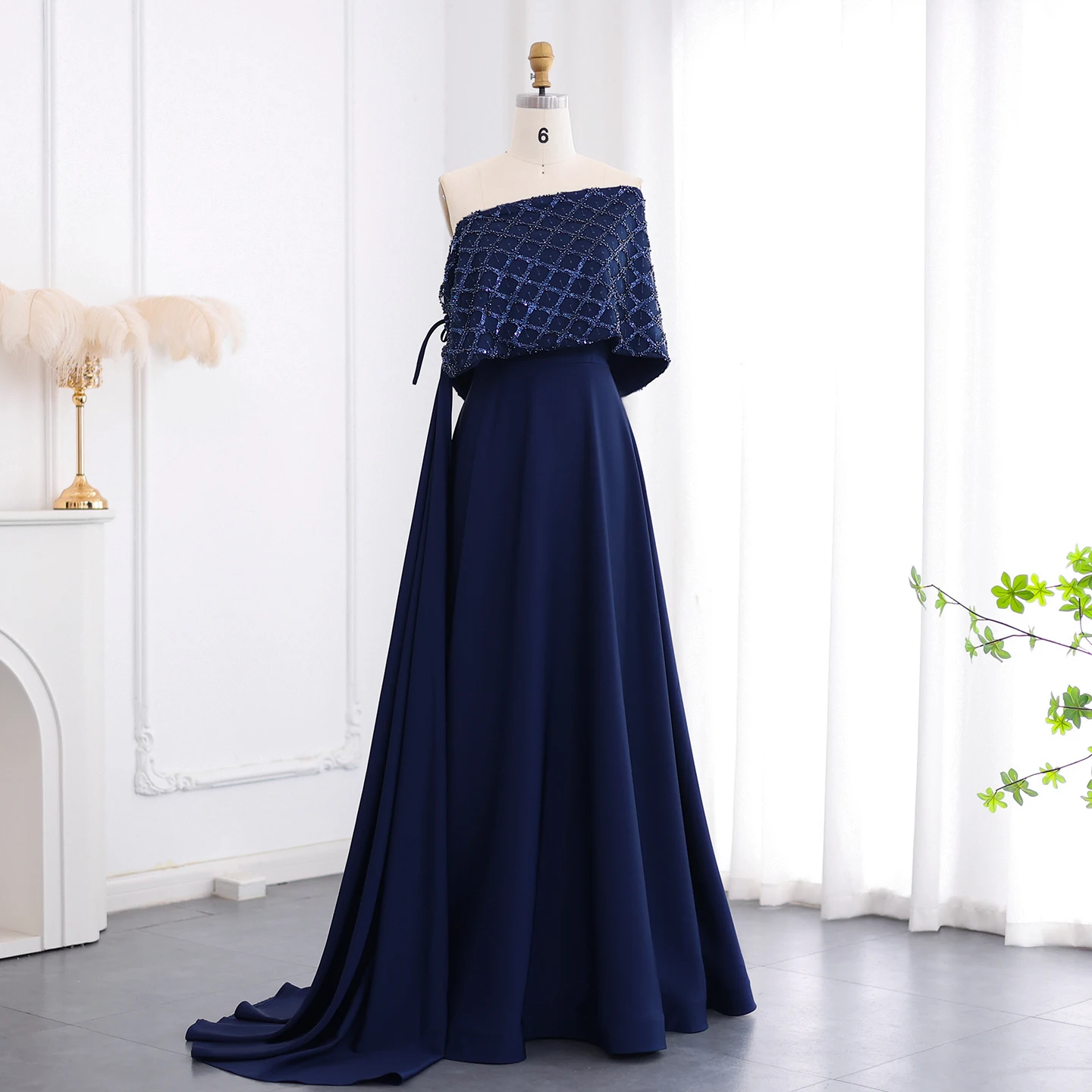 Elegant off Shoulder Arabic Navy Blue Evening Dress with Cape