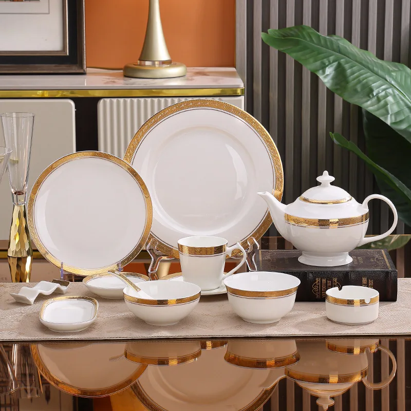 Luxury Nordic Embossed Gold Dinner Set Porcelain Bowl Dishes