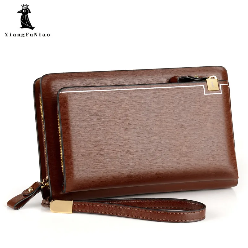 Best Travel Wallet Double Zipper Money Clip Men's Clutch Genuine Leather 9069B Coffee