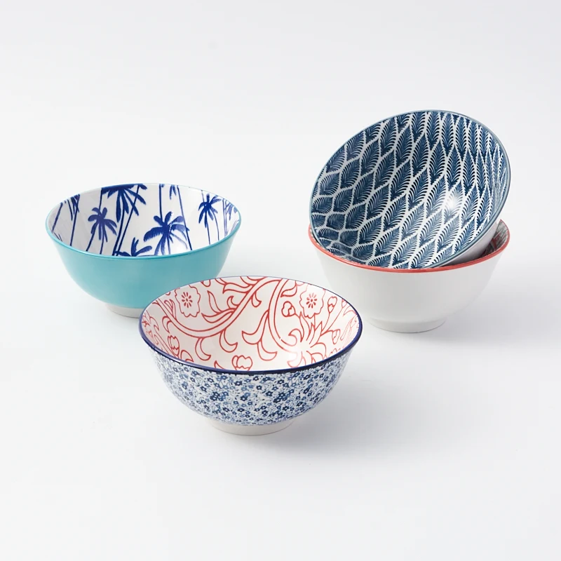 Creative Double-Sided Printed Ceramic Rice Bowl 4.5 Inch Black and White Heat Resistant for Restaurant Use