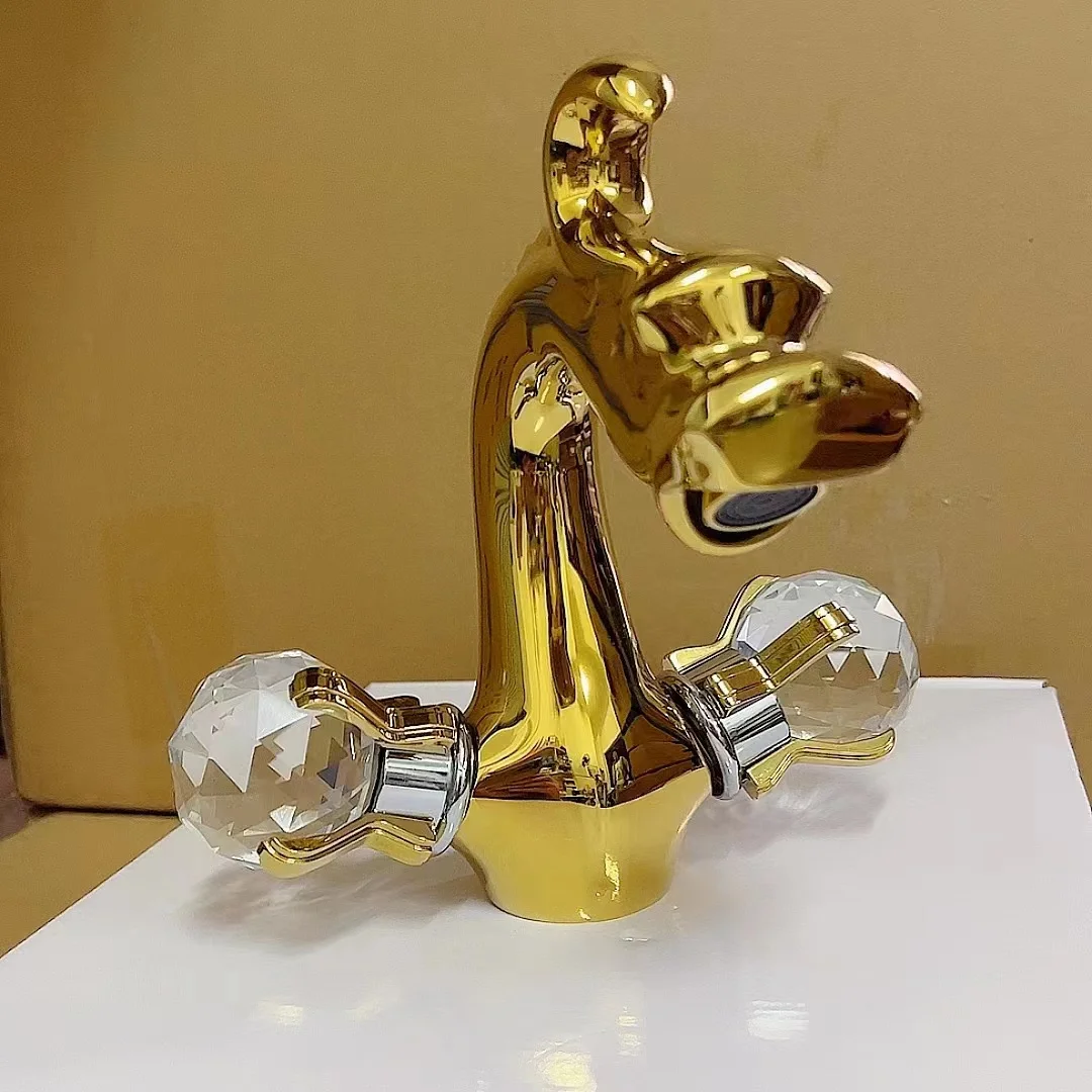 Bathroom Double Handle Gold Dragon Crystal Basin Faucet Washbasin Hot and Cold Water Deck Mount Mixer Tap XR7903
