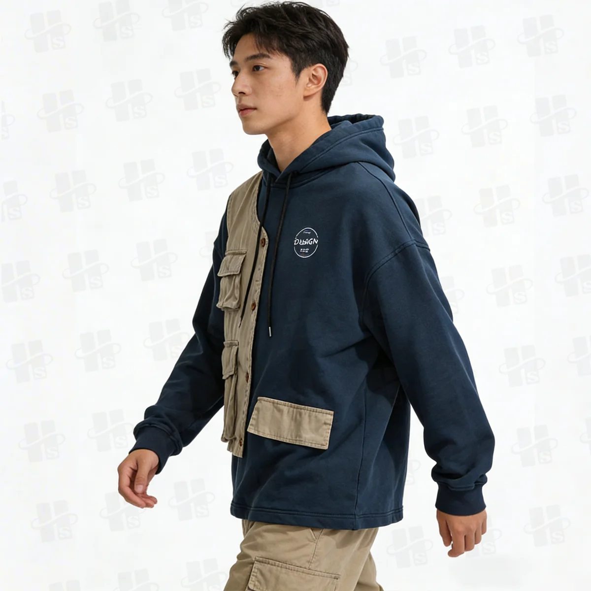 Newest Unique Stitching Design Men’s Pullover Hoodie Round Bottom Oversized Hoodie Embroidery Color Block Men Hoodie