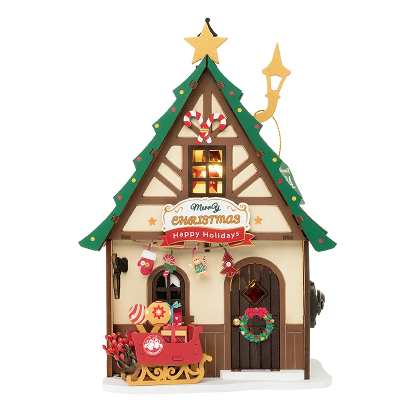 Robotime Rolife Christmas Gifts for Kids DS036 Twinkling Christmas House DIY Miniature Toys 3D Wooden Puzzles