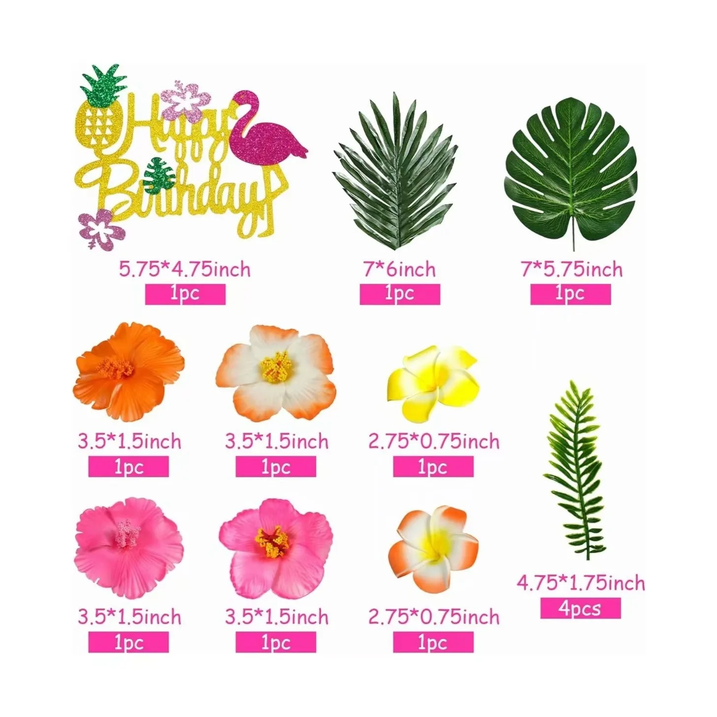 Hawaiian Flower Cake Decoration Hibiscus Flower Palm Leaf Happy Birthday Flamingo Cake Topper
