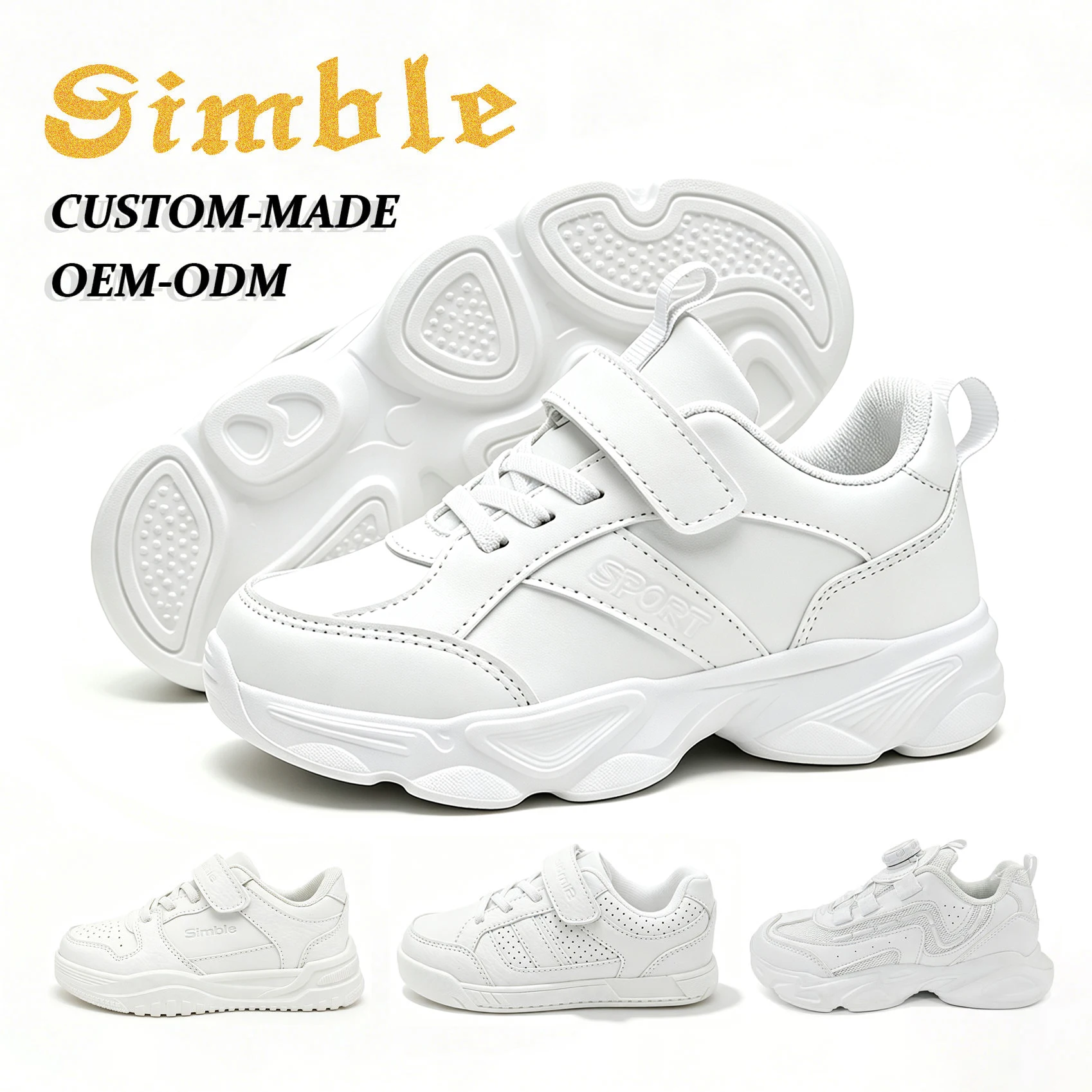 Custom Logo Kids Back to School Shoes Charity Light-weight Comfort PU Rubber Casual White Student Shoes