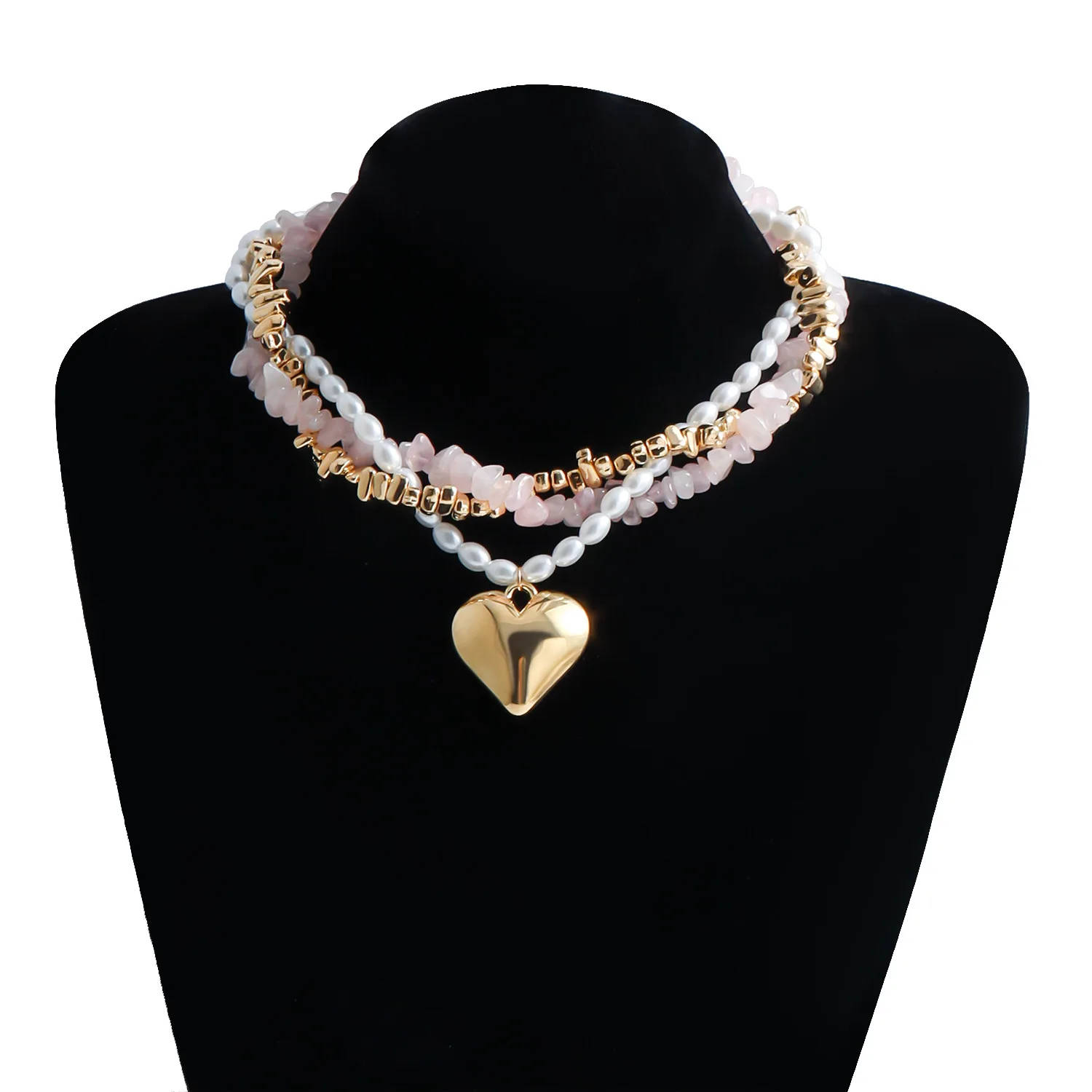 Elegant Berry Pink Pearl Heart Layered Necklace
