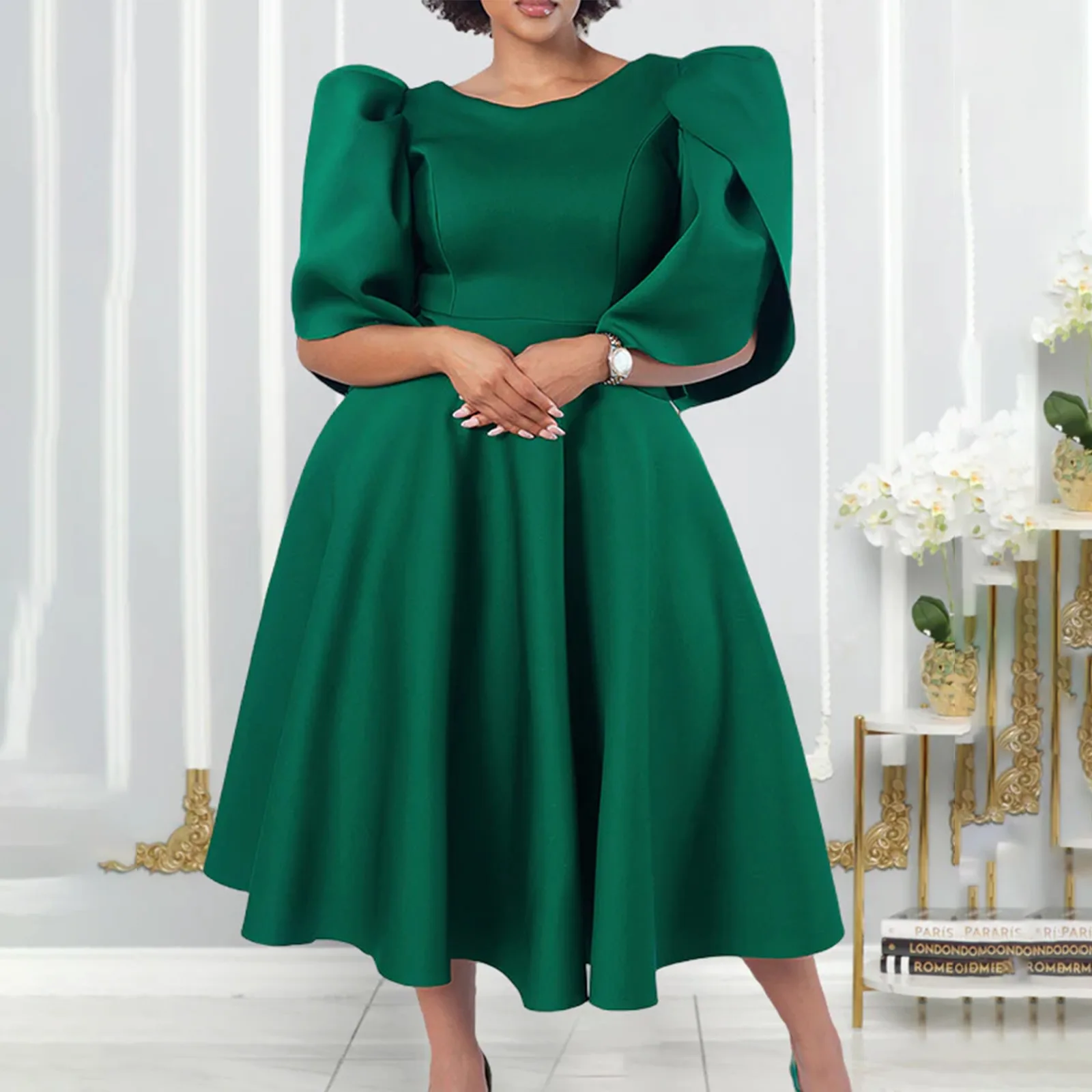 Women's Round Neck Elegant High Waisted Big Swing Dress Banquet Evening Gowns African Dresses Sehe Fashion Women's Round Neck Elegant High Waisted Big Swing Dress Banquet Evening Gowns African Dresses Sehe Fashion