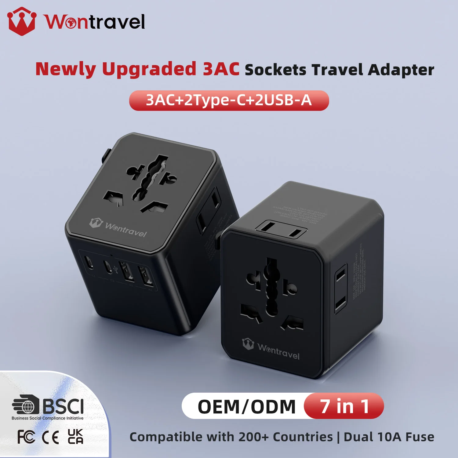 Wontravel Factory Hot Selling High Quality Universal Travel Adapter 3AC Sockets Dual USB Type-C Laptop Earphone Multi Plug