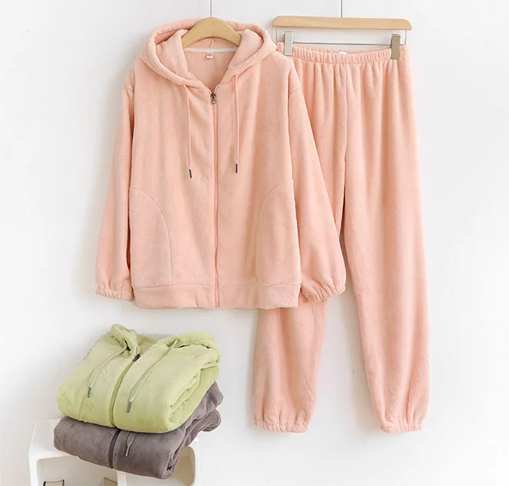 Winter Zip-Up Hoodie and Pants Set Warm Fleece Flannel Pyjamas for Men and Women Sleepwear for Couples