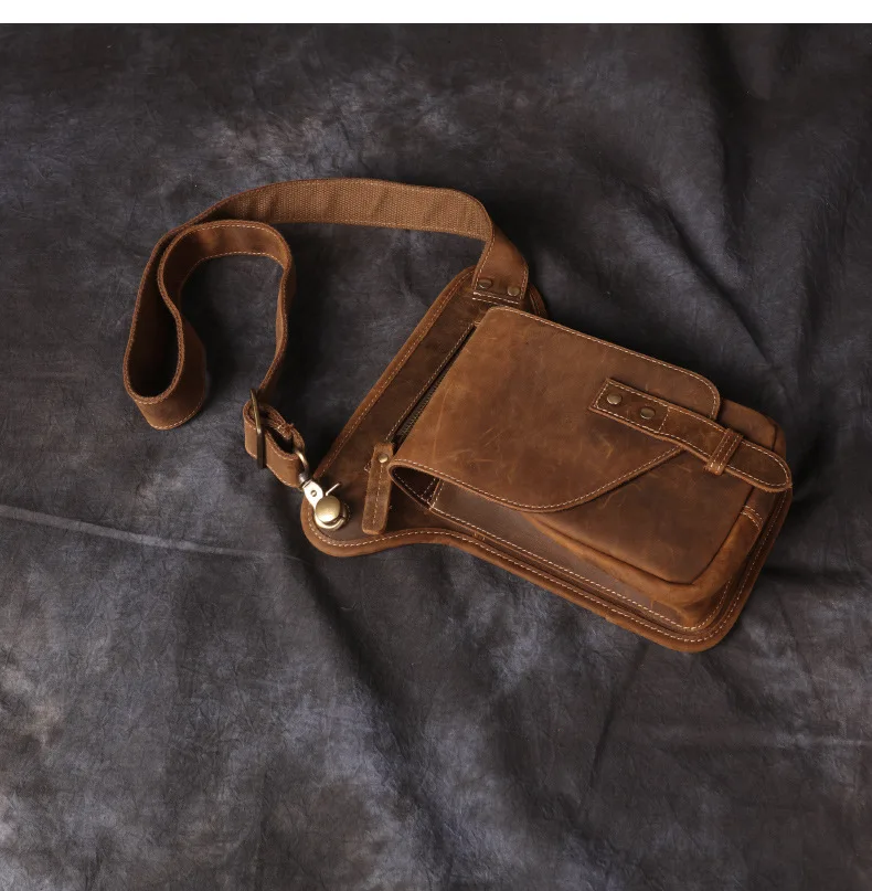 Vintage Genuine Crazy Horse Leather Waist Bag for Men Cowhide Motorcycle Crossbody Leg Saddlebags & Luggage